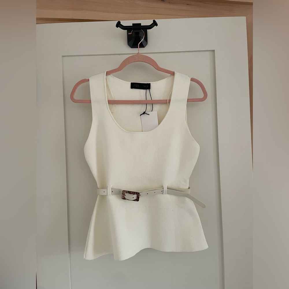 Zara Cream Sleeveless Peplum Top with Belt